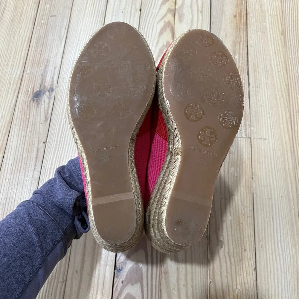 Tory Burch Filipa Espadrille Wedges Womens 8 Pink Red Canvas Peep Toe  Platform